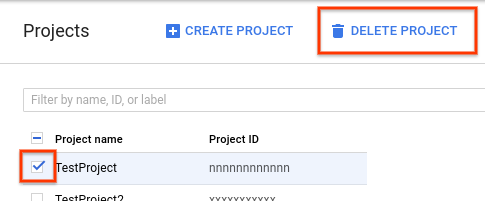 delete project screenshot